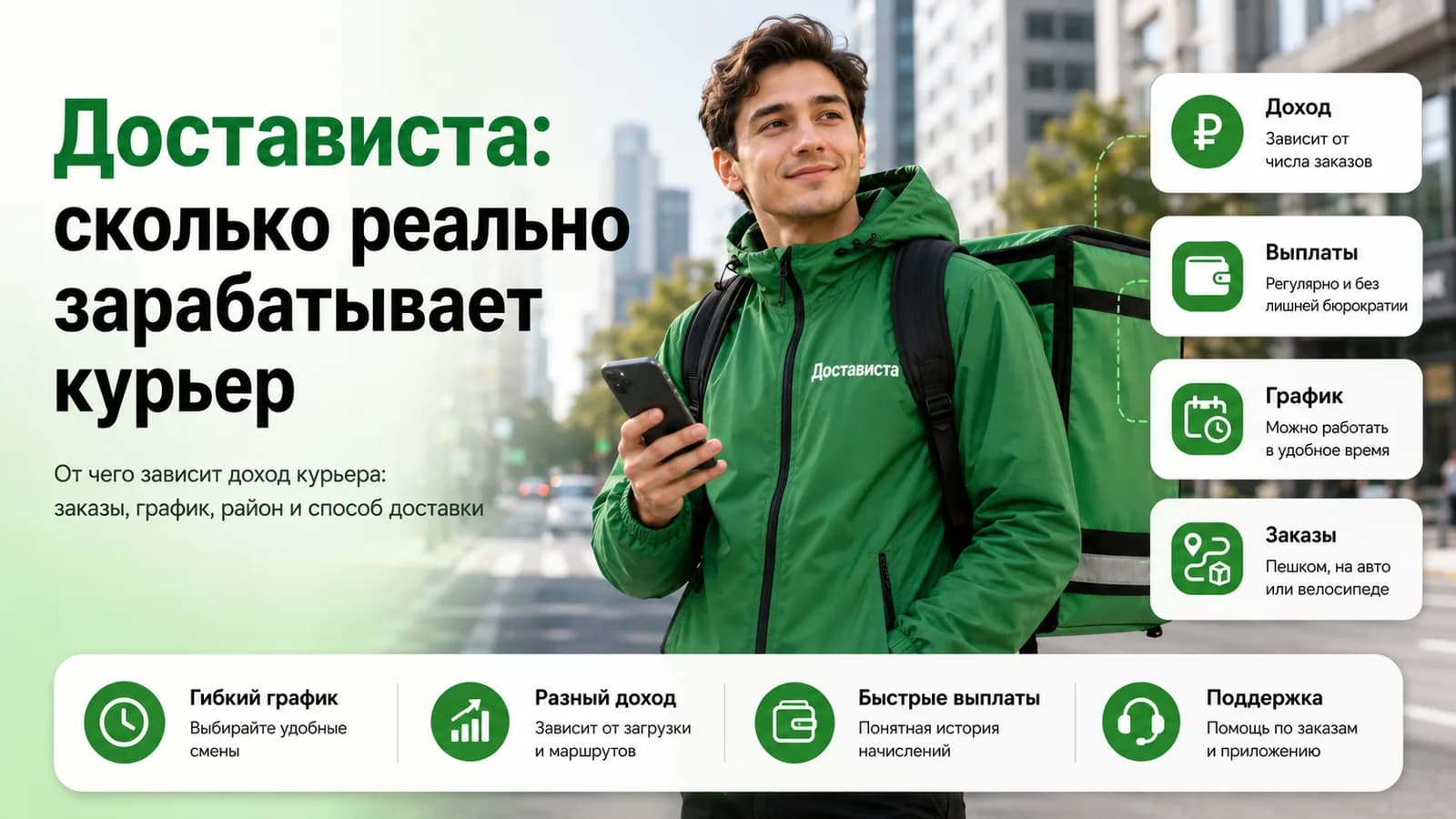 Курьер Достависты с сумкой на фоне города — сколько реально зарабатывает курьер