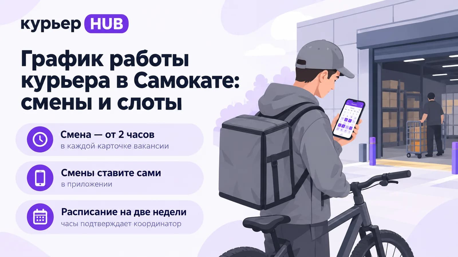 Велокурьер у даркстора смотрит календарь смен в телефоне — смена от 2 часов, смены ставите сами, расписание на две недели