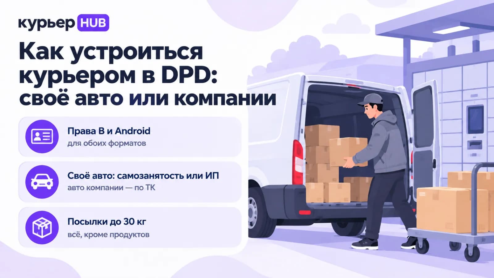 Водитель-курьер DPD грузит посылки в фургон: права B и Android, своё авто по самозанятости или ИП, посылки до 30 кг