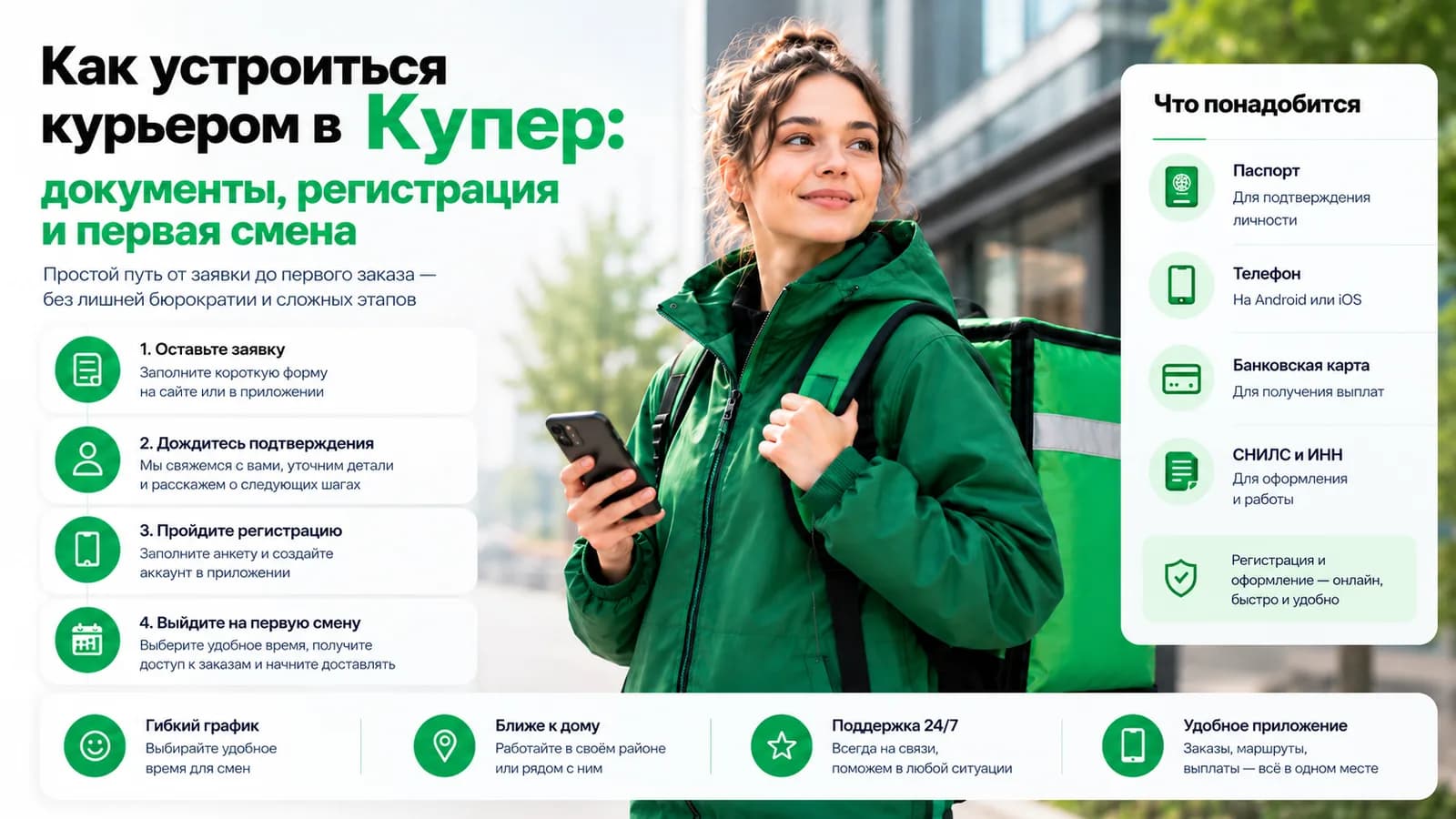 Курьер Купера с термосумкой и телефоном — документы, регистрация и первая смена