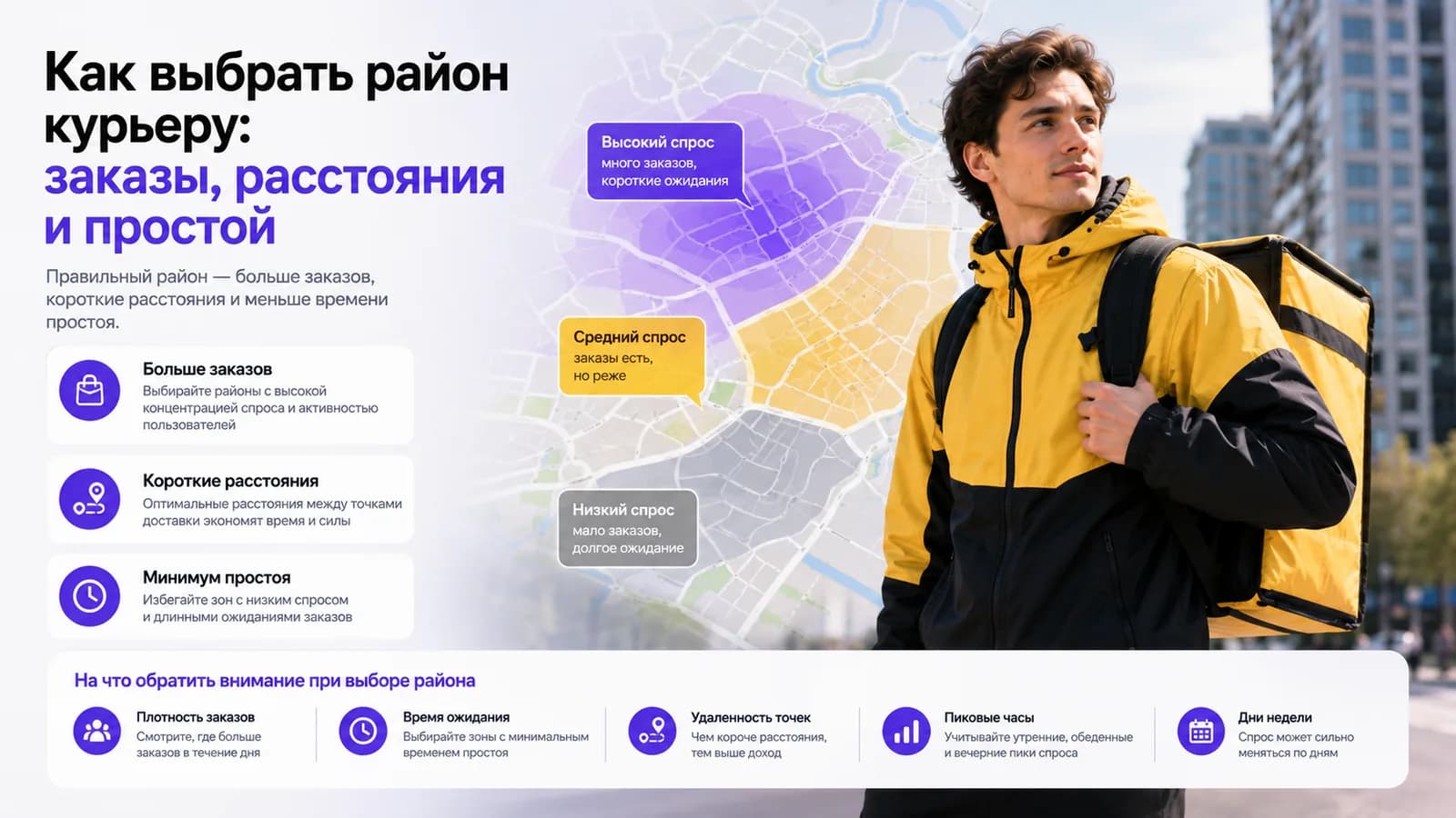 Курьер на самокате на фоне карты города — как выбрать район для заказов