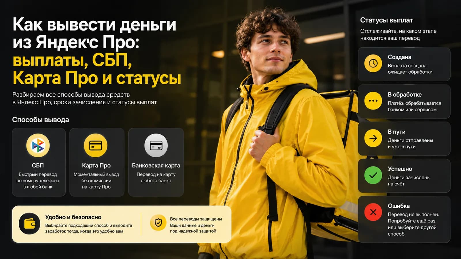 Курьер со смартфоном в жёлтой куртке — как вывести деньги из Яндекс Про