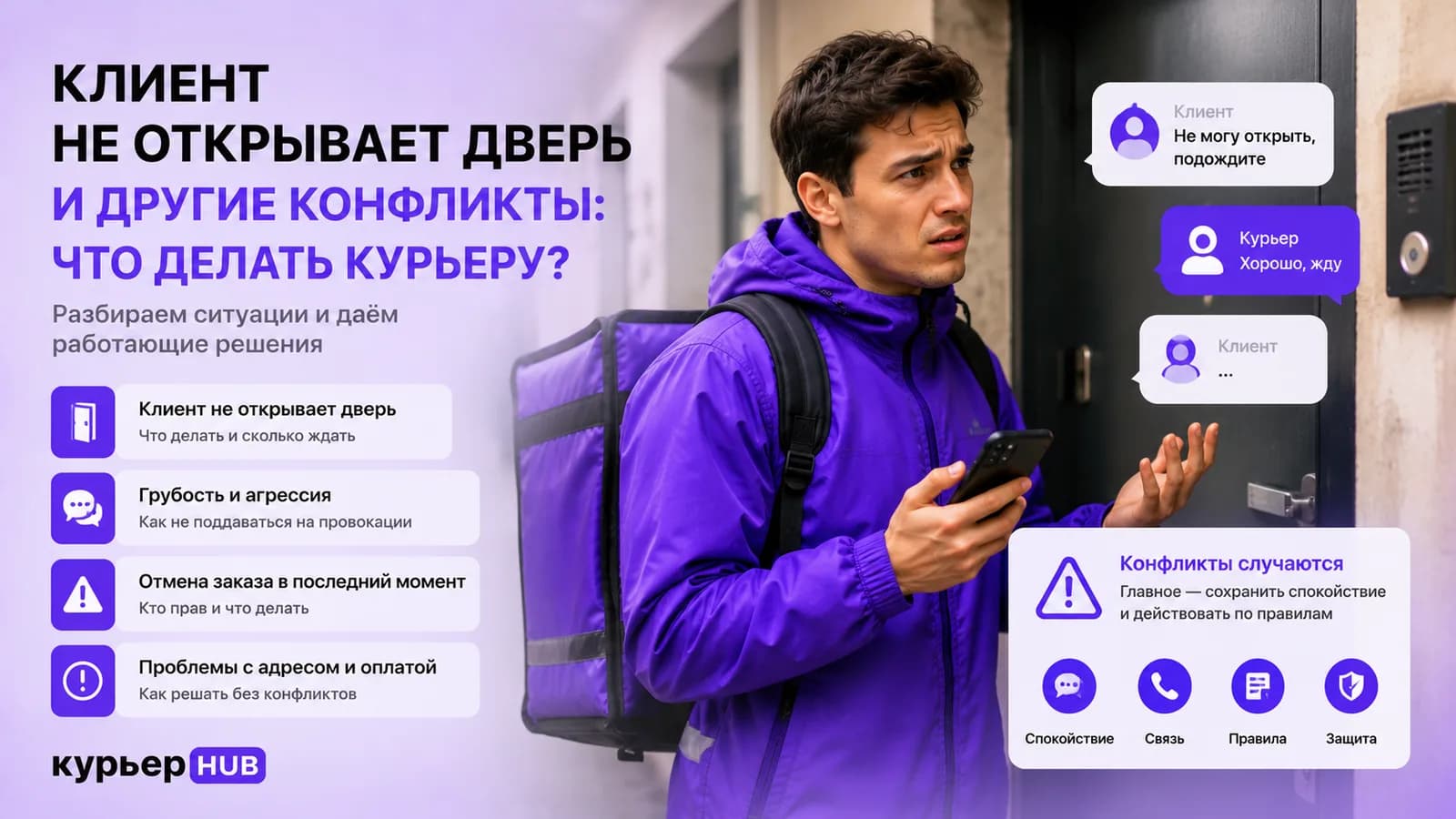 Курьер у двери переписывается с клиентом в мессенджере из-за конфликтной ситуации на доставке