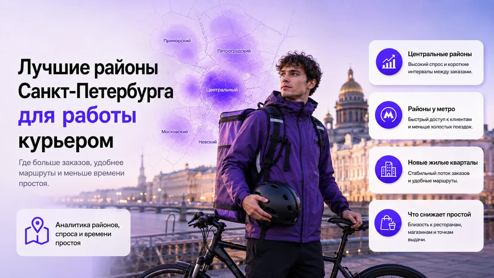Курьер на велосипеде на фоне Санкт-Петербурга — лучшие районы для работы