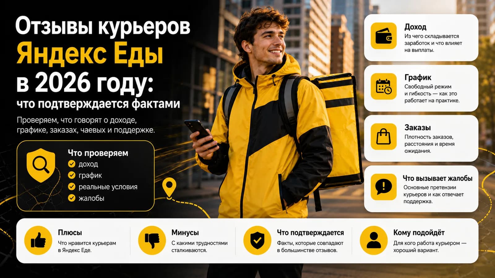 Курьер Яндекс Еды на фоне вечернего города — отзывы 2026 года, что подтверждается фактами
