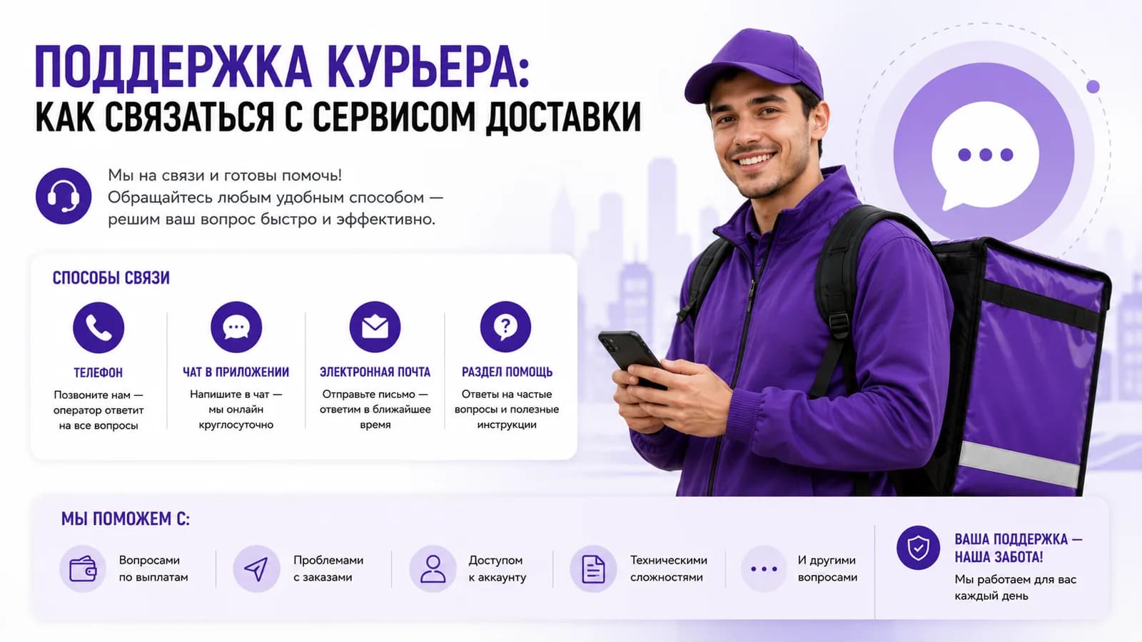 Курьер с телефоном и иконки способов связи — как курьеру обратиться в поддержку сервиса доставки