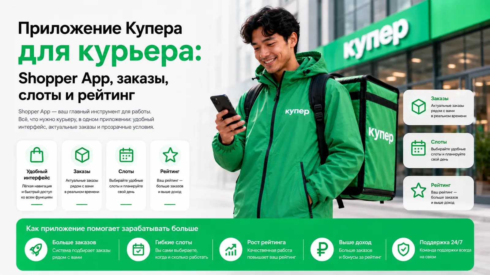 Курьер Купера со смартфоном у магазина — приложение Shopper App: заказы, слоты, рейтинг