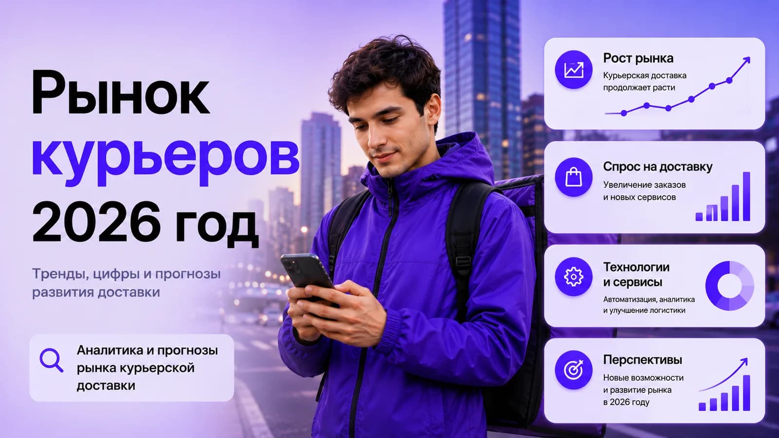 Курьер с термосумкой смотрит в смартфон на фоне города, рядом карточки с показателями рынка доставки: рост, спрос, технологии, перспективы