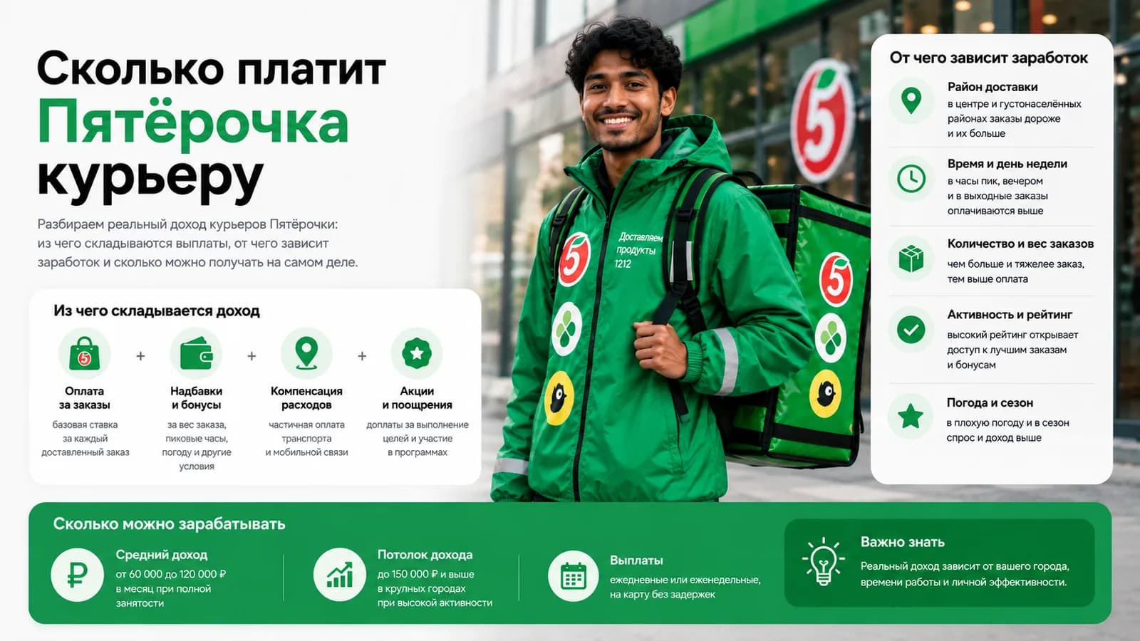Курьер Пятёрочки (X5 Доставка) с пакетами — сколько платит Пятёрочка курьеру