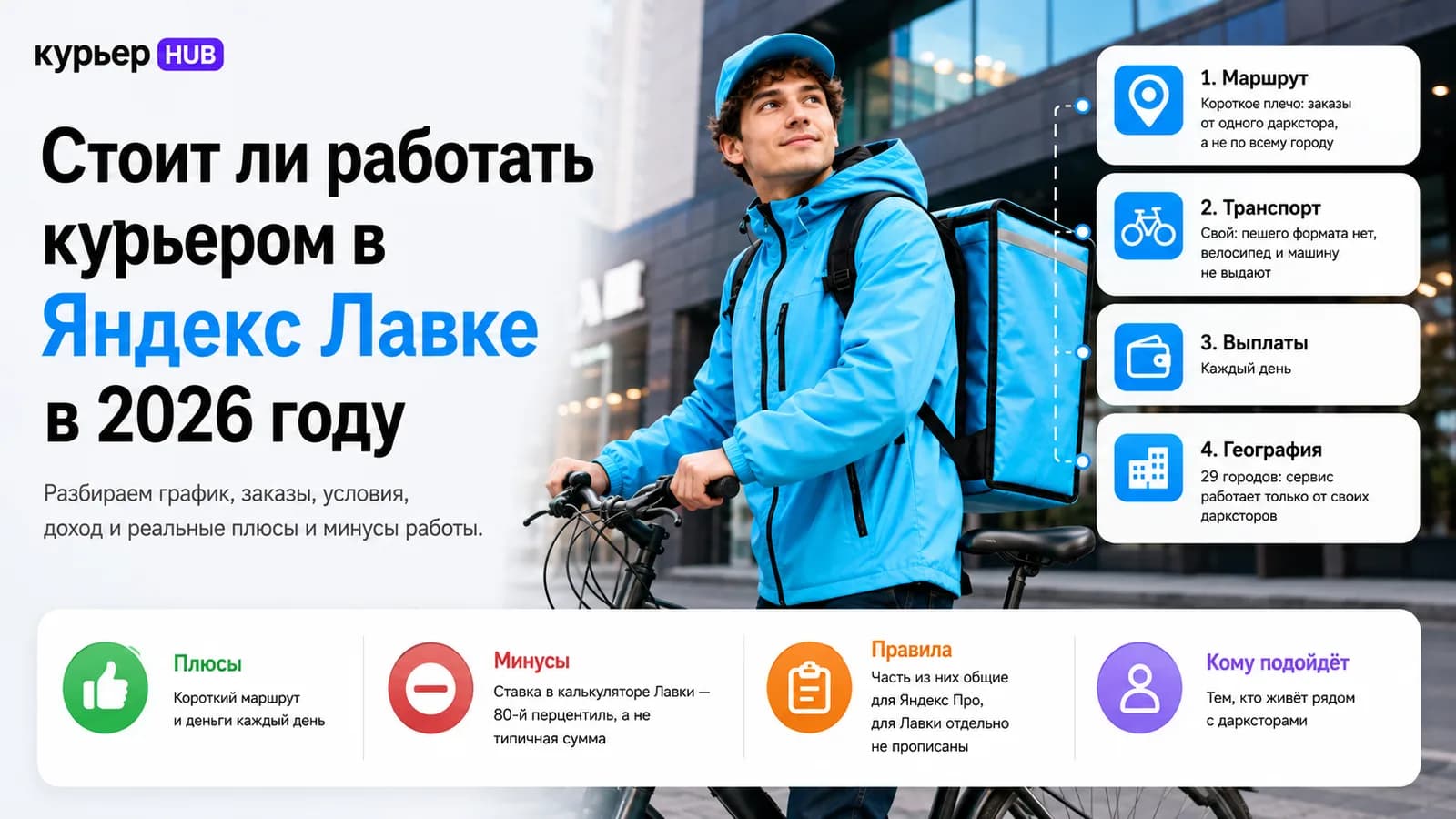 Курьер Яндекс Лавки с велосипедом на фоне города — стоит ли работать курьером в Яндекс Лавке