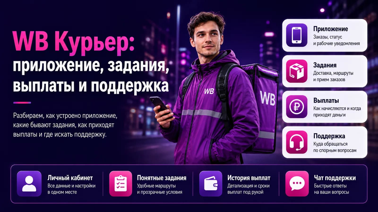 Курьер Wildberries со смартфоном на фоне ночного города — приложение WB Курьер: задания, выплаты и поддержка