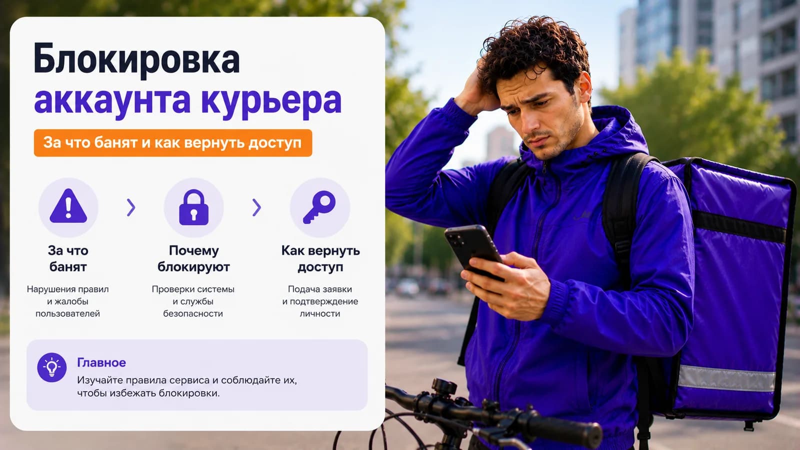 Курьер смотрит на смартфон с уведомлением о блокировке аккаунта