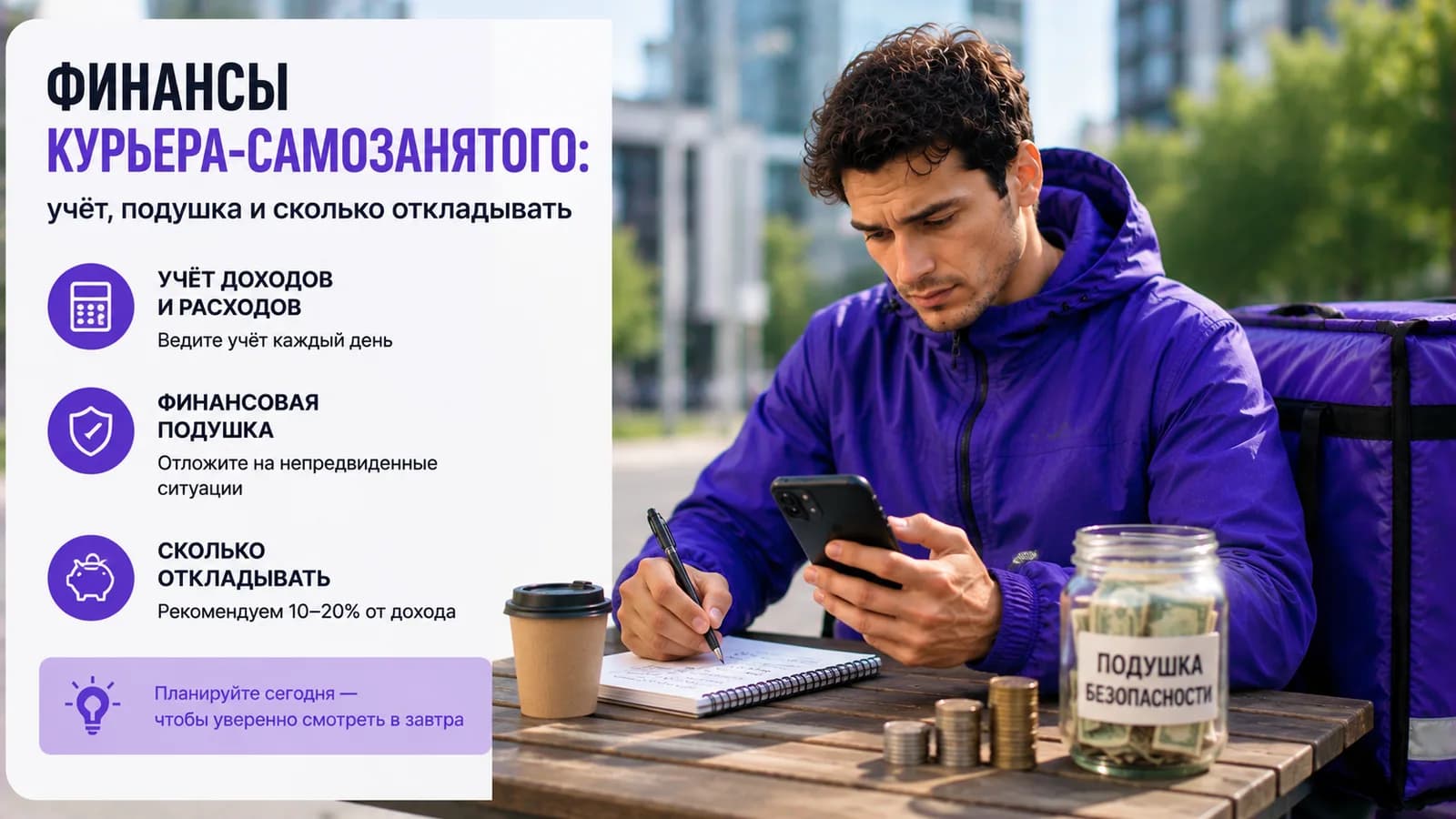 Курьер записывает доходы и расходы в блокнот рядом с банкой финансовой подушки