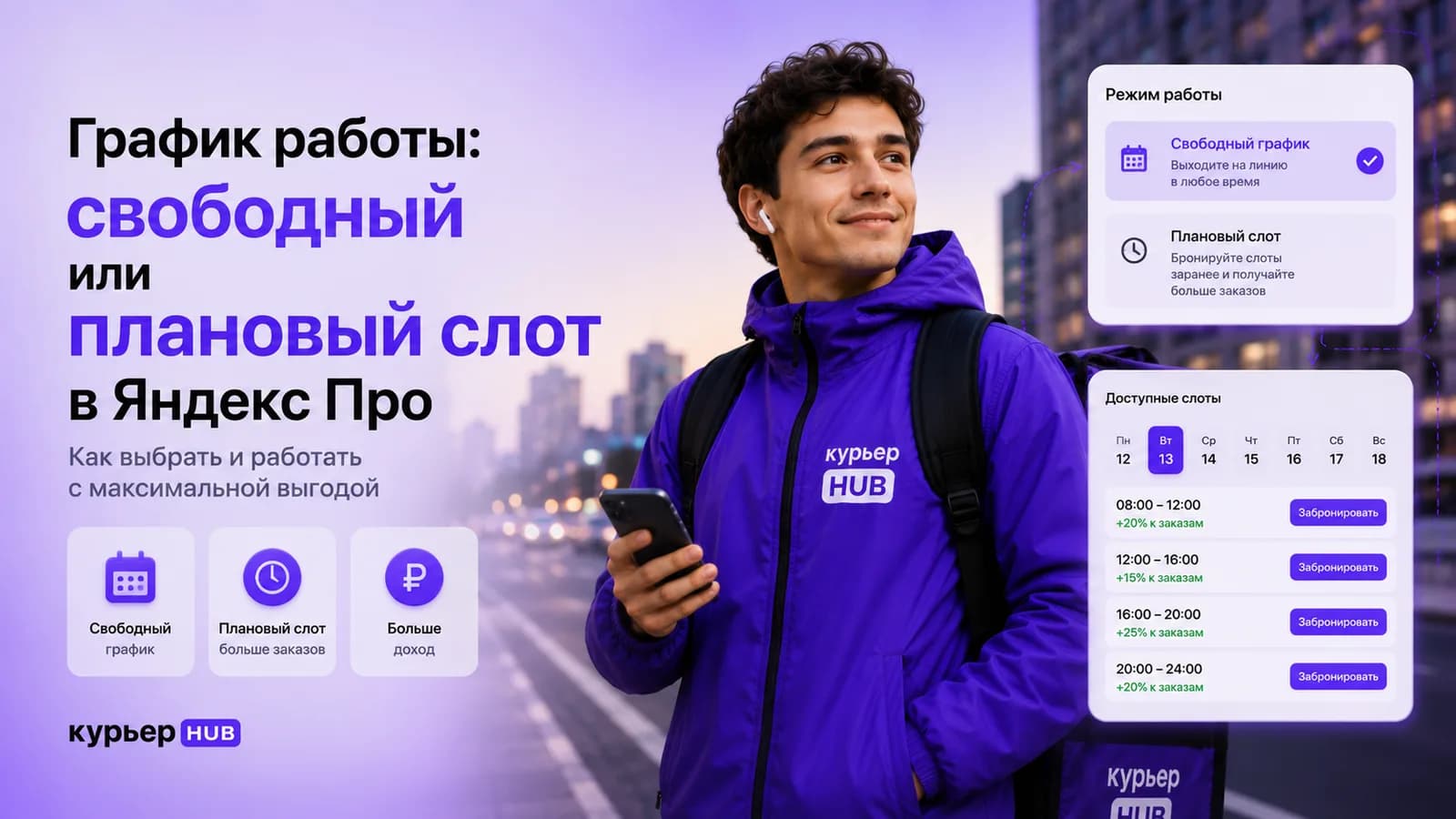 Курьер выбирает слот в приложении Яндекс Про — свободный или плановый