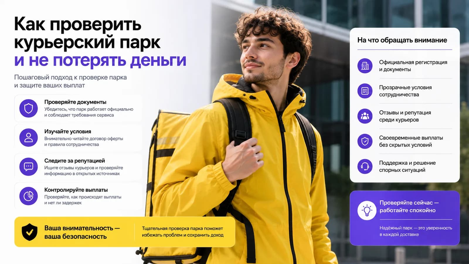Курьер в жёлтой куртке на фоне города — как проверить курьерский парк и не потерять деньги