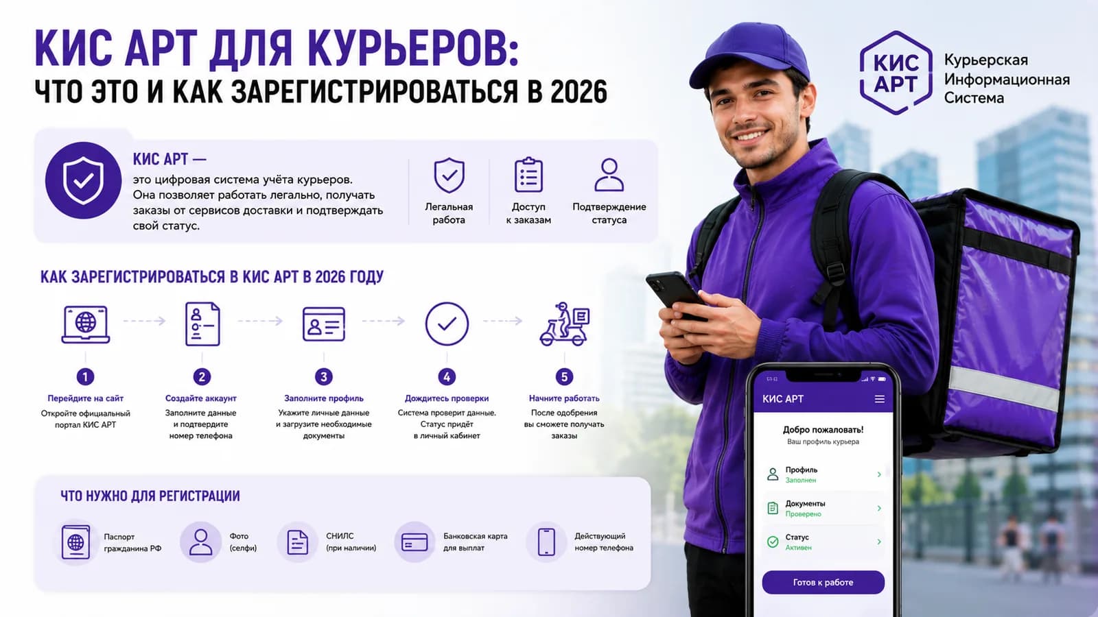 Курьер со смартфоном и шаги регистрации в КИС АРТ — цифровой идентификатор для доставки в Москве