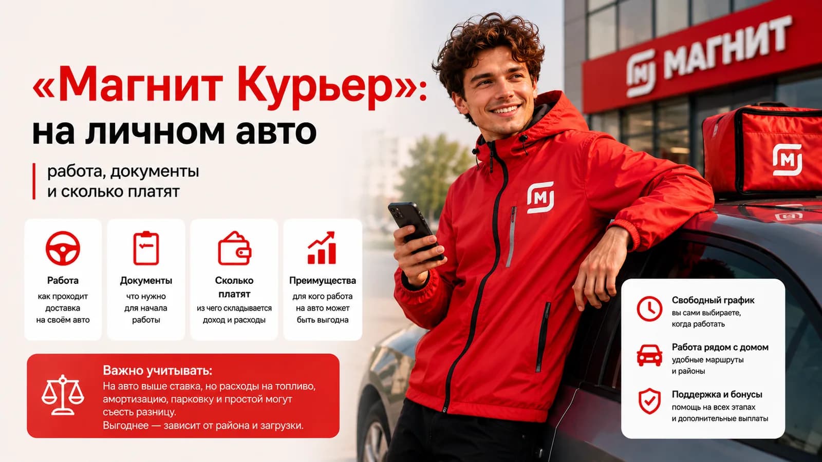 Курьер Магнита у своего автомобиля с термосумкой на крыше — работа на личном авто: документы, тариф и расходы