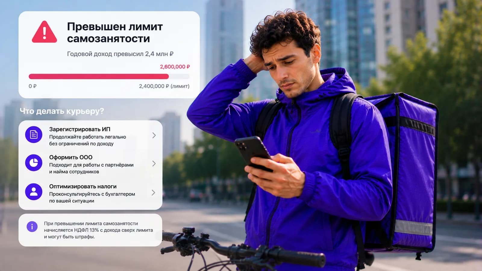 Уведомление о превышении лимита самозанятости у курьера в приложении
