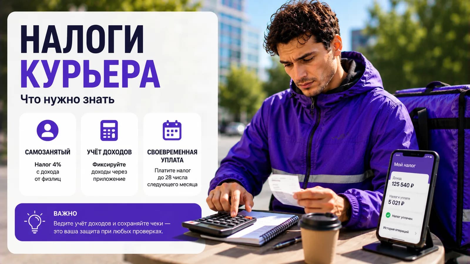 Курьер считает налог на калькуляторе рядом со смартфоном с приложением «Мой налог»