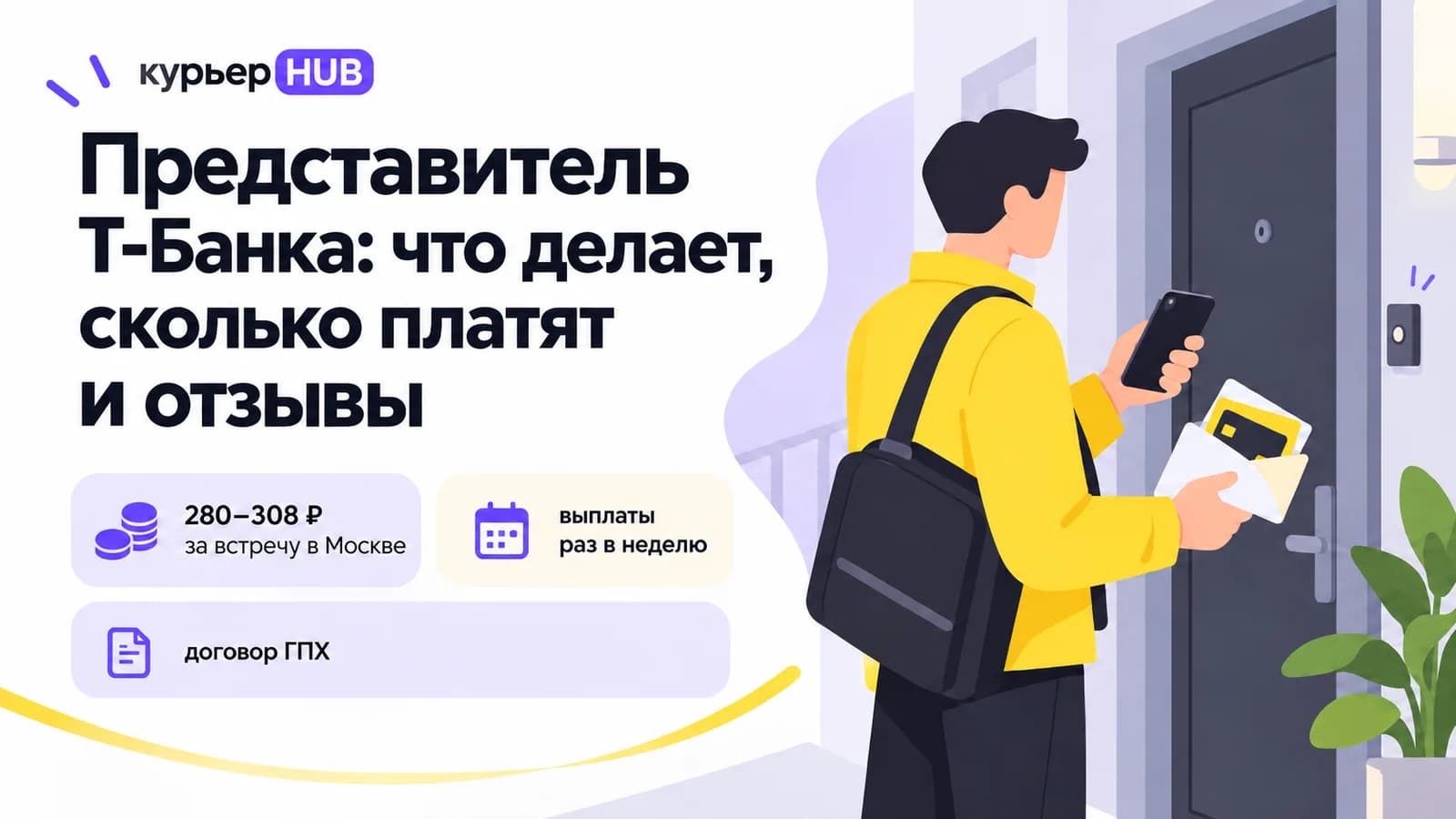 Представитель Т-Банка у двери клиента с конвертом и картой — оплата за встречу, выплаты раз в неделю, договор ГПХ