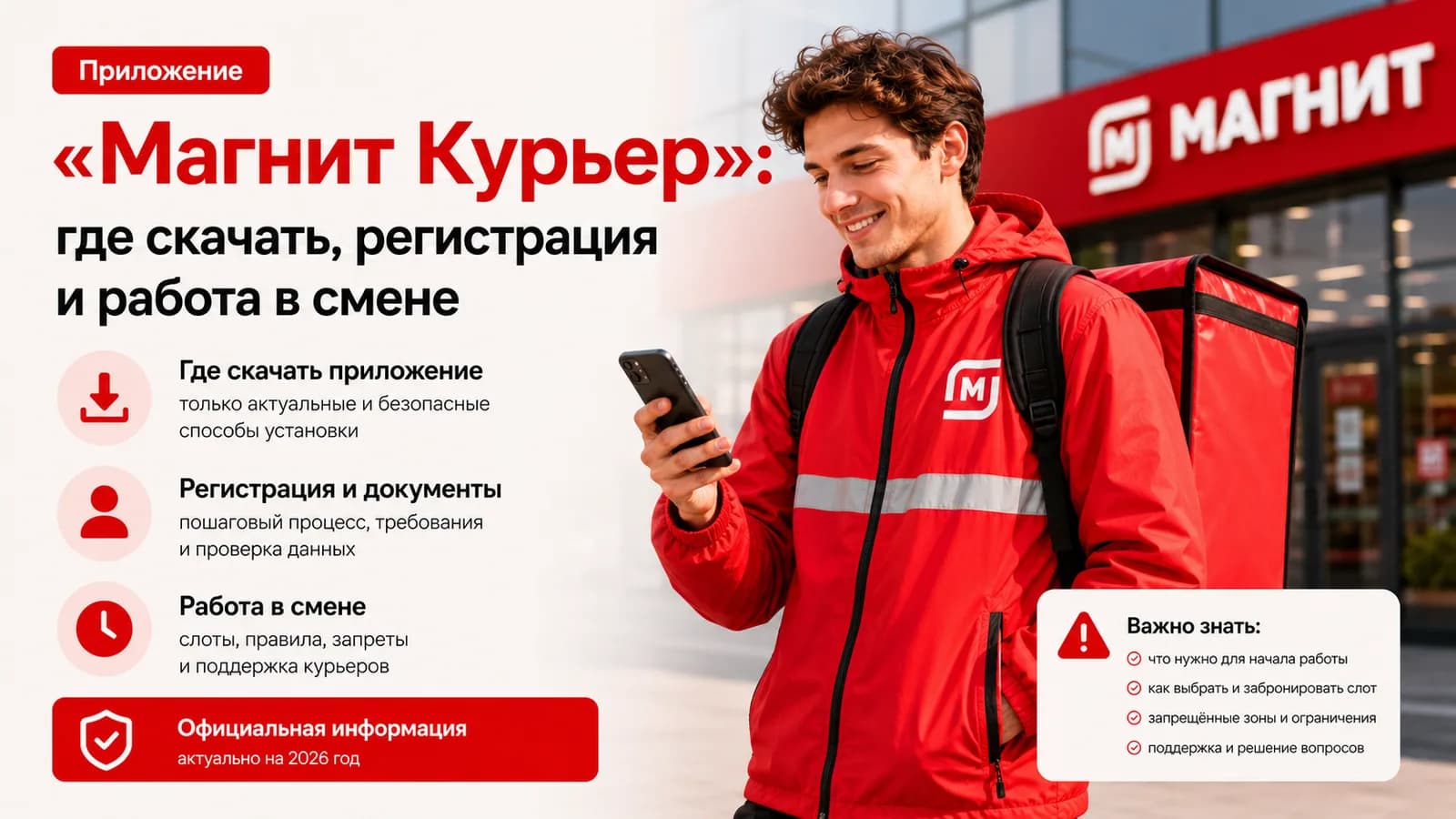 Курьер Магнита в красной форме со смартфоном у магазина — приложение «Магнит Курьер»: установка, регистрация и работа в смене