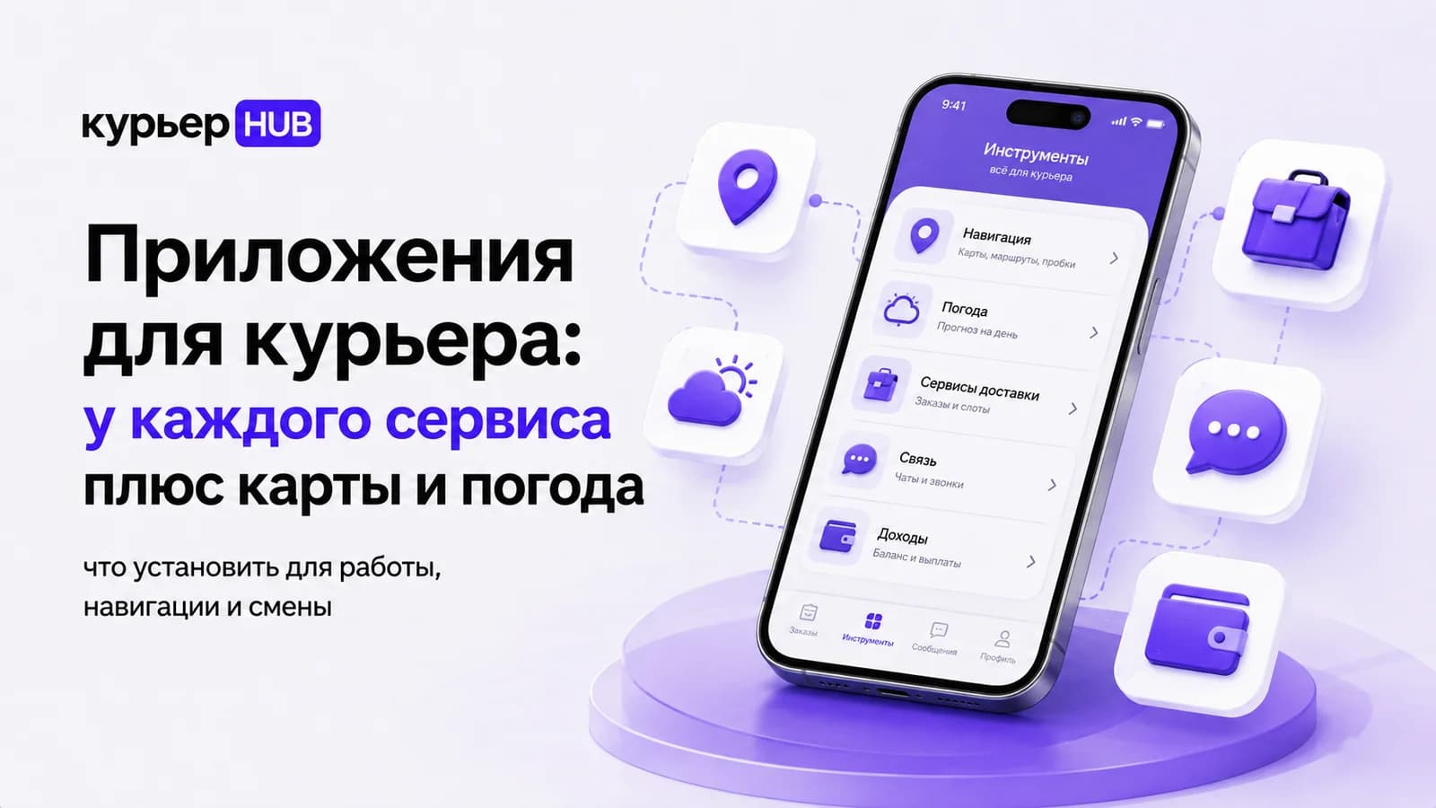 Смартфон курьера с меню инструментов: навигация, погода, сервисы доставки, связь и доходы