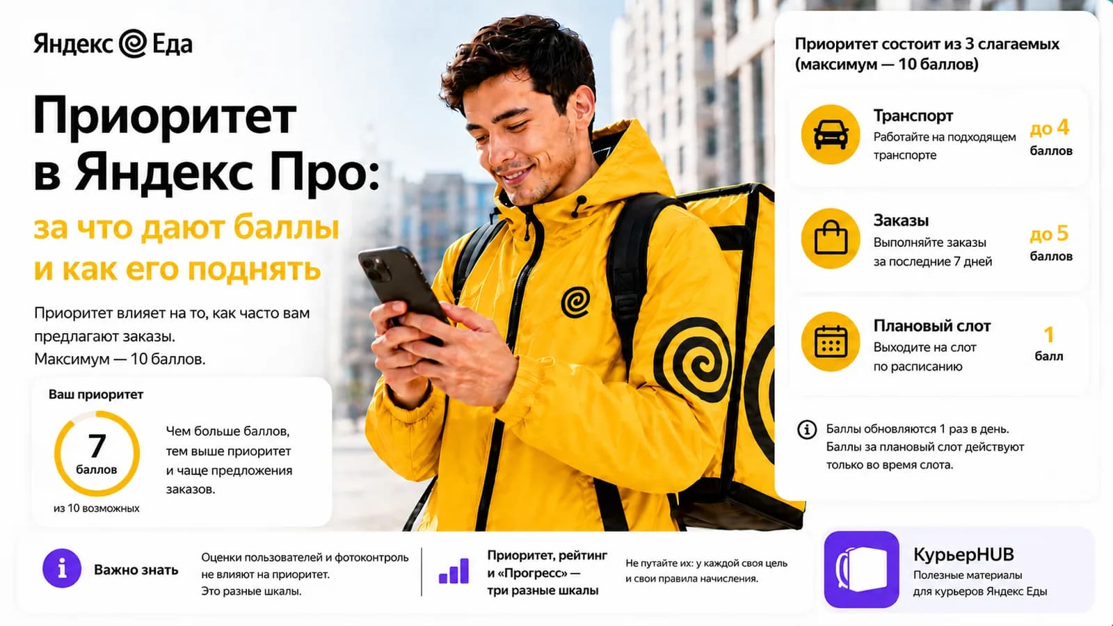 Курьер Яндекс Еды со смартфоном и три слагаемых приоритета: транспорт до 4 баллов, заказы до 5, плановый слот 1 — максимум 10