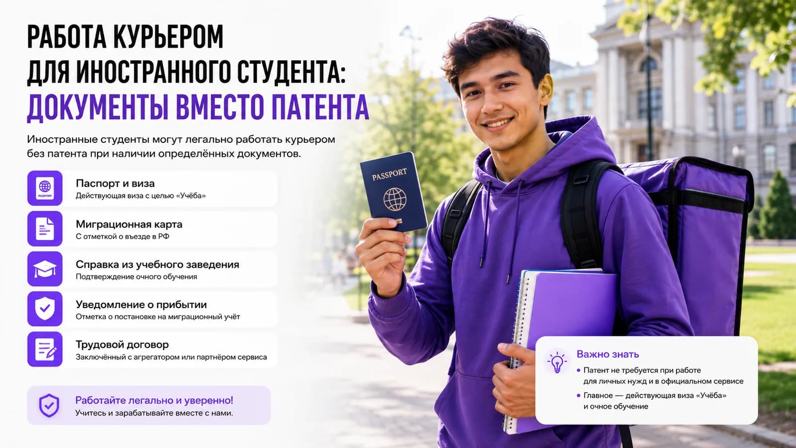 Иностранный студент с паспортом, тетрадями и курьерским рюкзаком у здания вуза