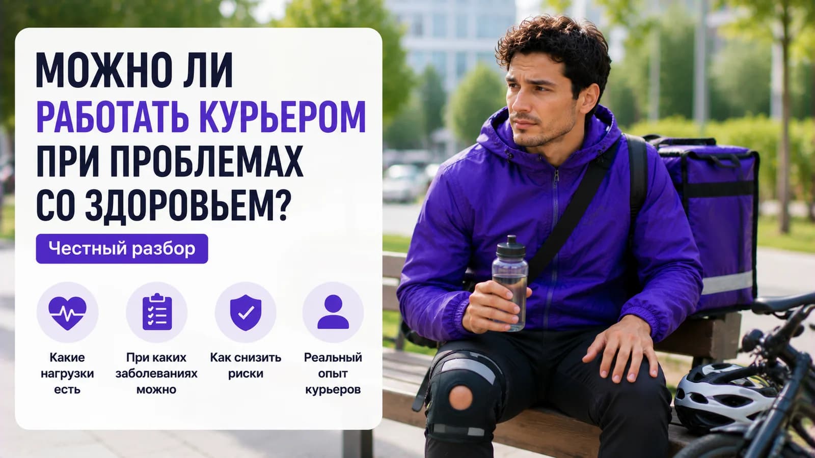 Курьер с наколенником отдыхает на скамейке рядом с велосипедом — вопрос допустимой нагрузки при проблемах со здоровьем