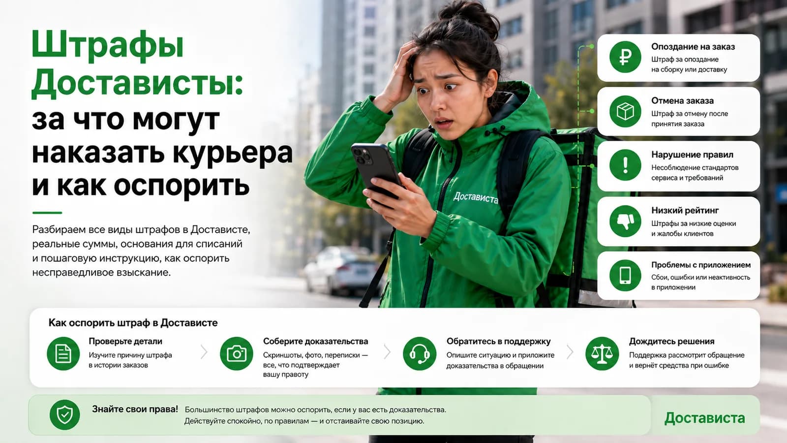 Курьер Достависты со смартфоном — за что могут наказать курьера и как оспорить штраф