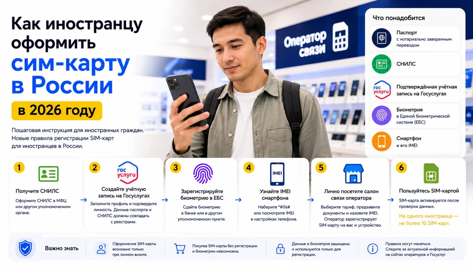 Иностранный гражданин со смартфоном в салоне связи — шаги оформления сим-карты: СНИЛС, Госуслуги, биометрия в ЕБС, IMEI и личный визит