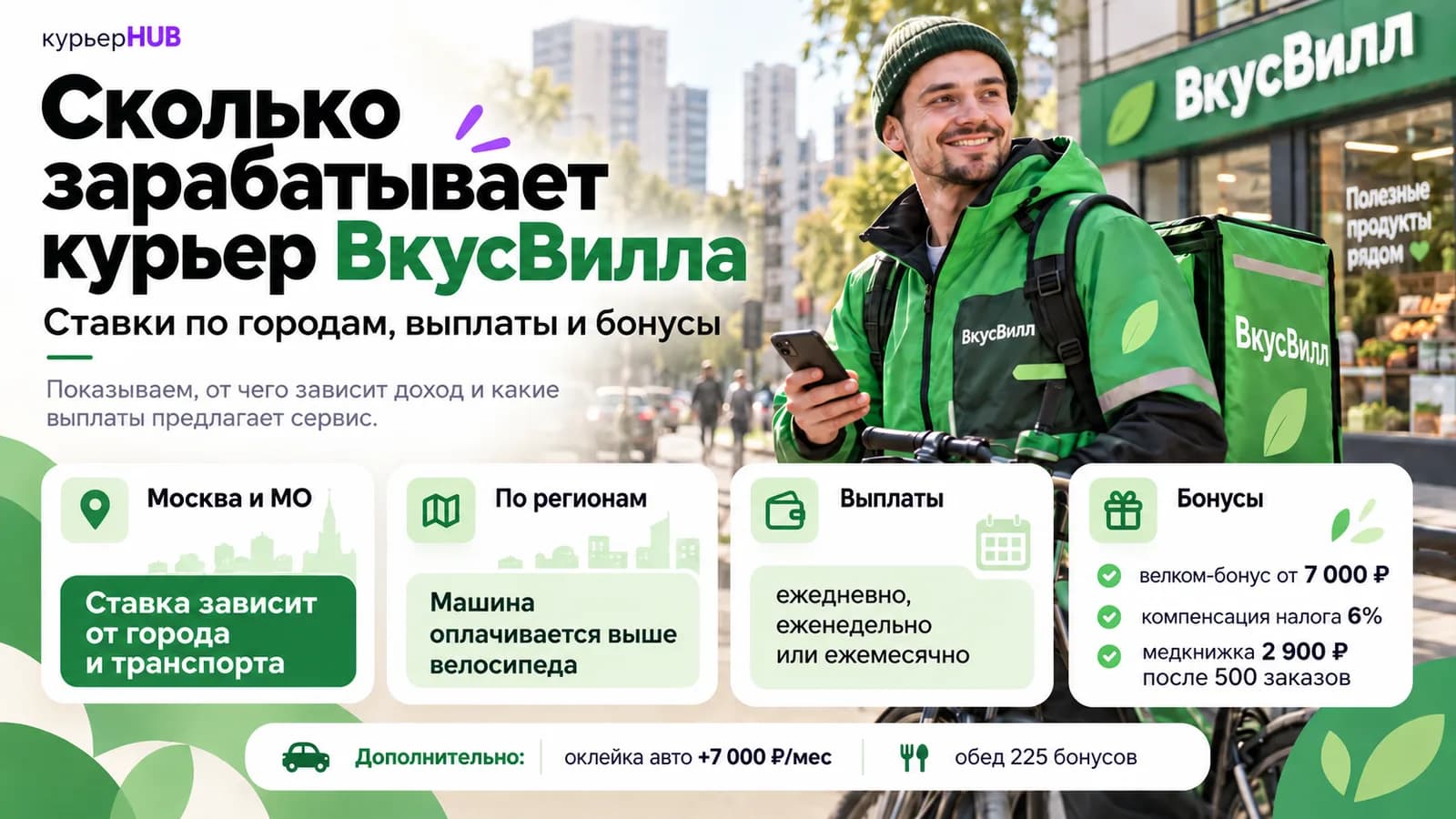 Курьер ВкусВилла с велосипедом у магазина сети — ставки по городам, выплаты и бонусы
