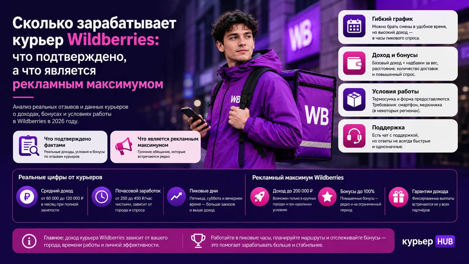 Курьер Wildberries на фоне ночного города — что подтверждено, а что является рекламным максимумом