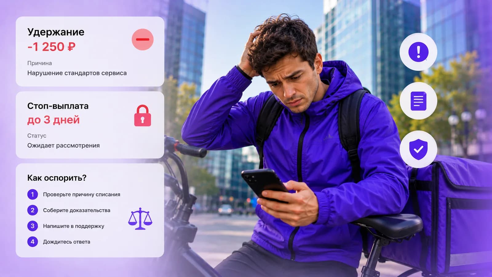 Экран с удержанием выплаты и статусом стоп-выплаты в приложении курьера