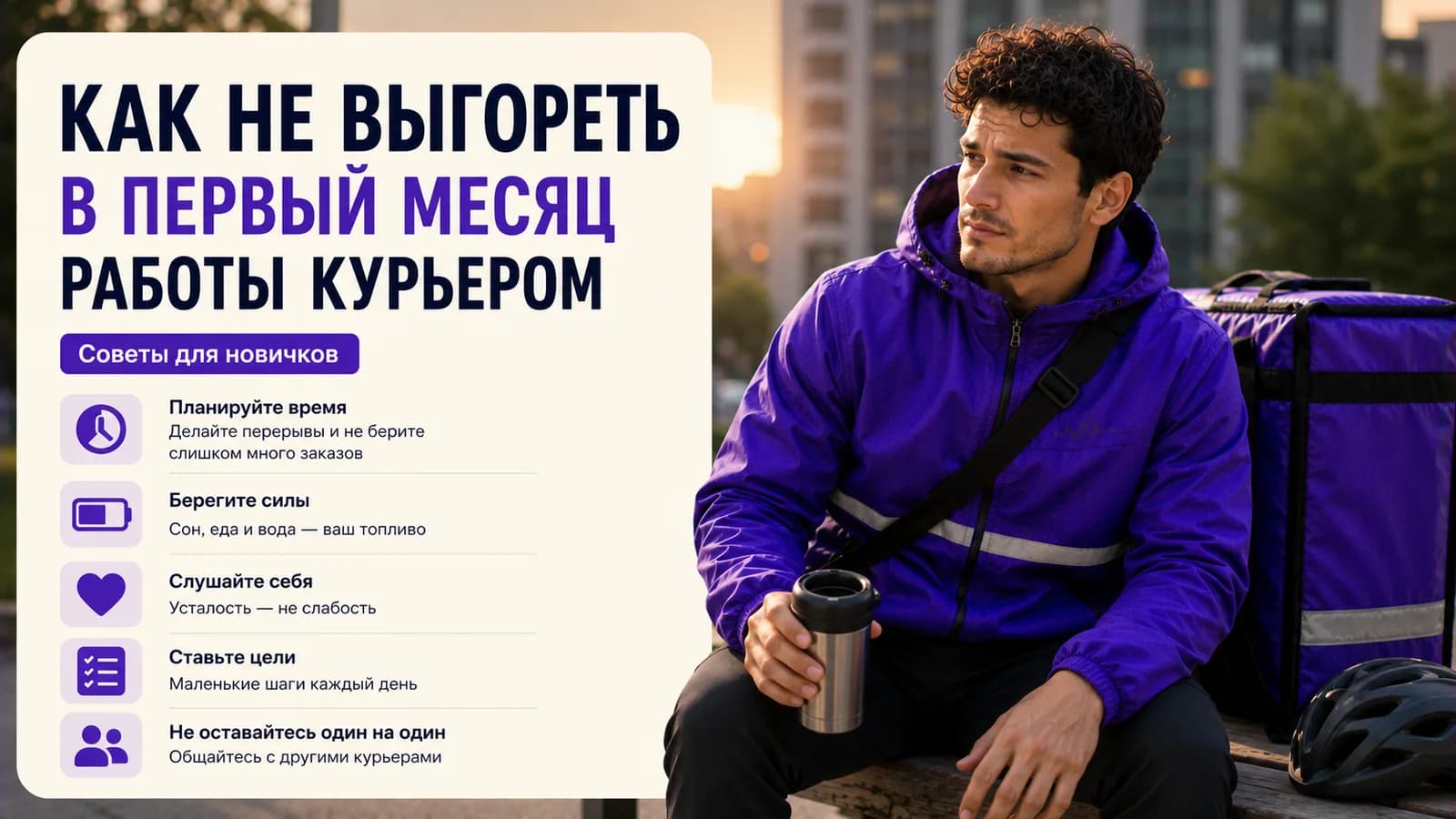 Курьер с термосом сидит на скамейке на закате — усталость в первый месяц работы