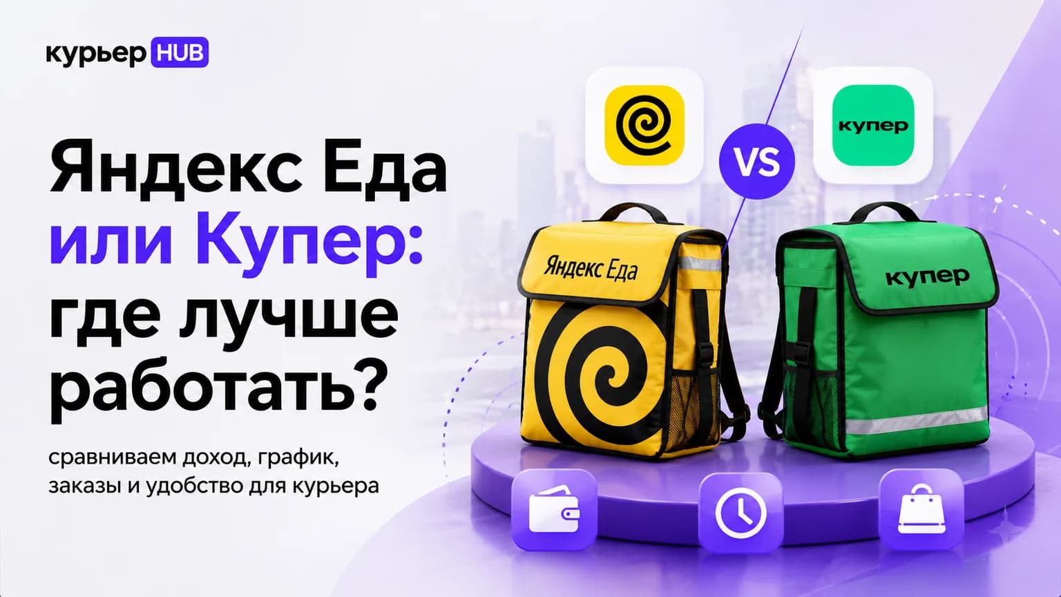 Сравнение курьеров Яндекс Еды и Купера — жёлтая термосумка и зелёная форма сервисов