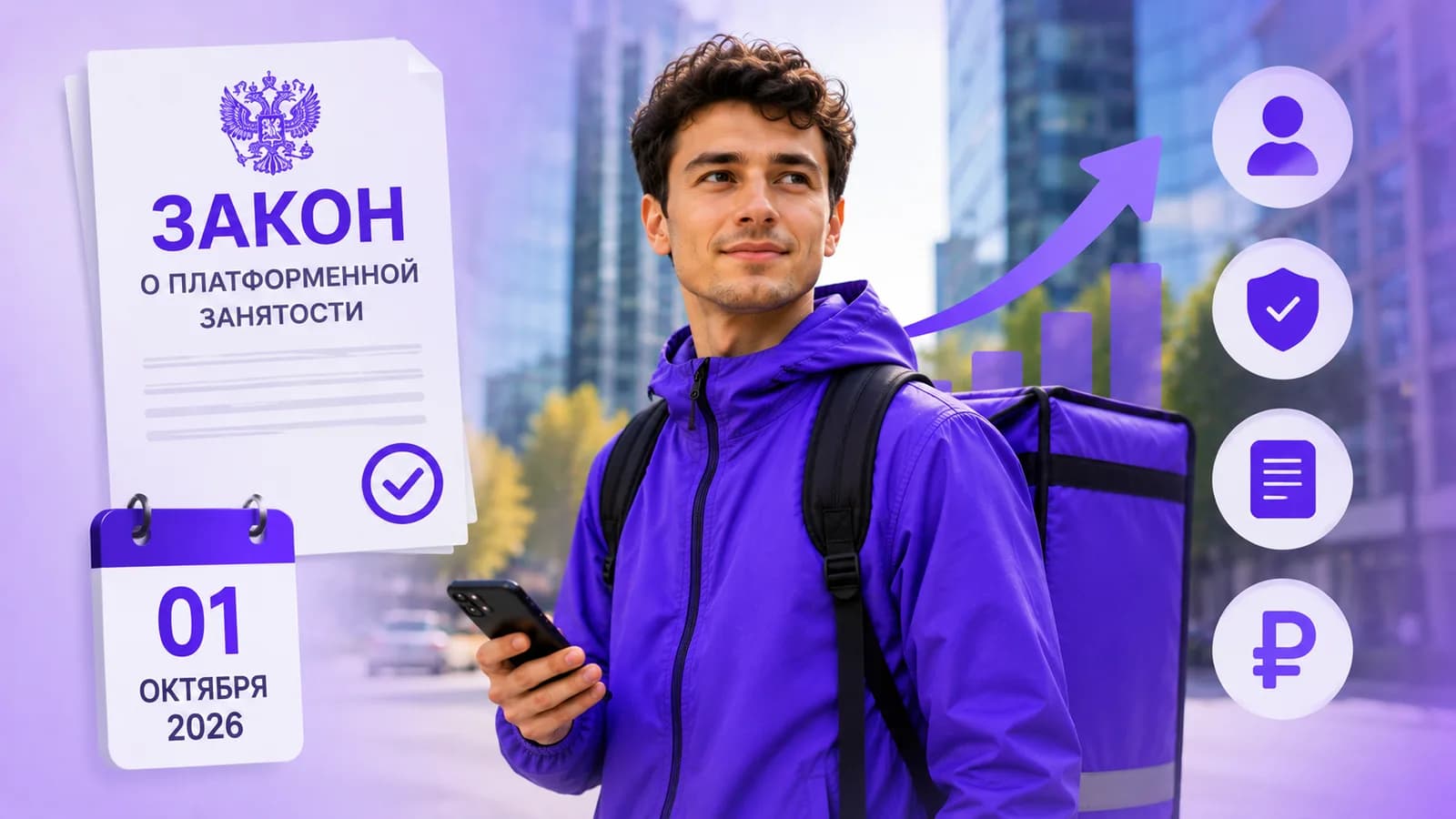 Курьер и документ федерального закона о платформенной занятости, вступающего в силу с 1 октября 2026 года